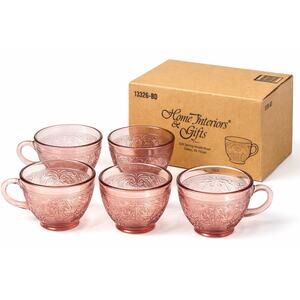Home Interiors Pink Glass Tea Cups Set 4 Floral Etched w Box Vintage